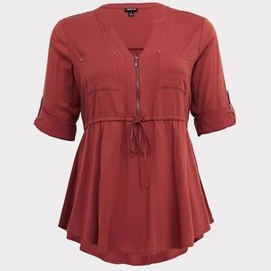 Torrid Brick Red Challis Zip Front Babydoll Tunic